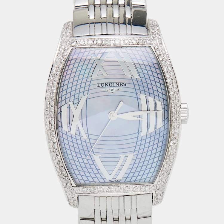 Pre Owned Longines Mother of Pearl Stainless Steel Diamonds Evidenza L2.655.4 Women's Wristwatch 33 mm