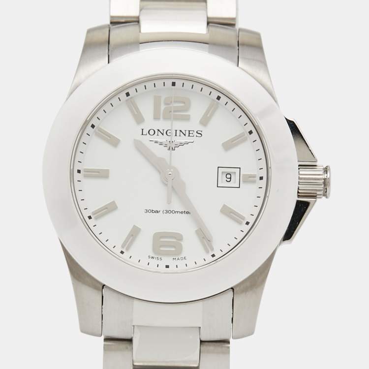Pre Owned Longines White Ceramic Stainless Steel L3.257.4.87.6 Women's Wristwatch 29.5 mm