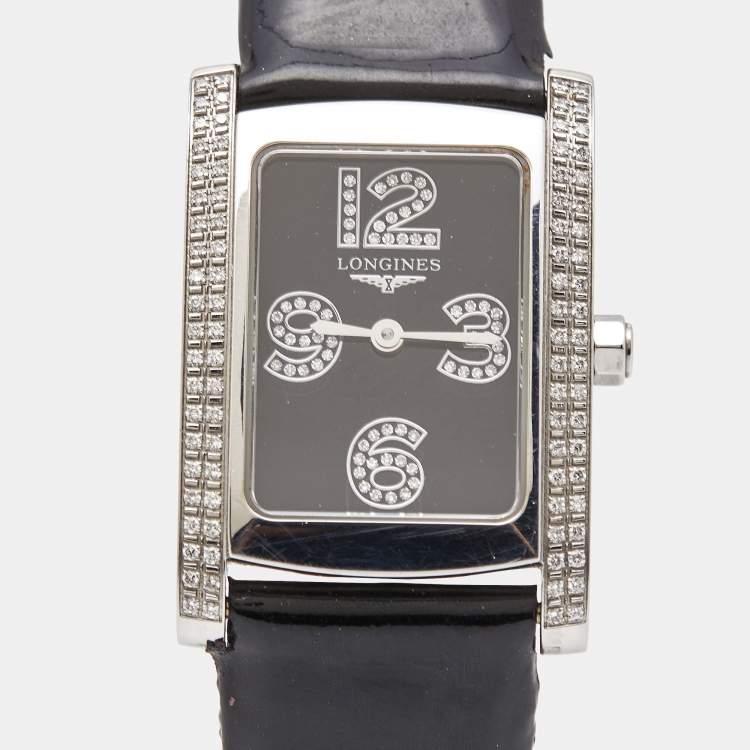 Pre Owned Longines Black Stainless Steel Diamond Leather Dolce Vita L5.502.0.51.2 Women's Wristwatch 22.5 mm 