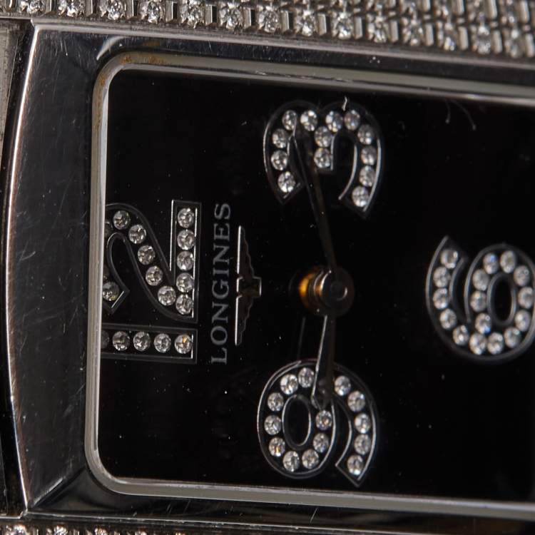 Pre Owned Longines Black Stainless Steel Diamond Leather Dolce Vita L5.502.0.51.2 Women's Wristwatch 22.5 mm 
