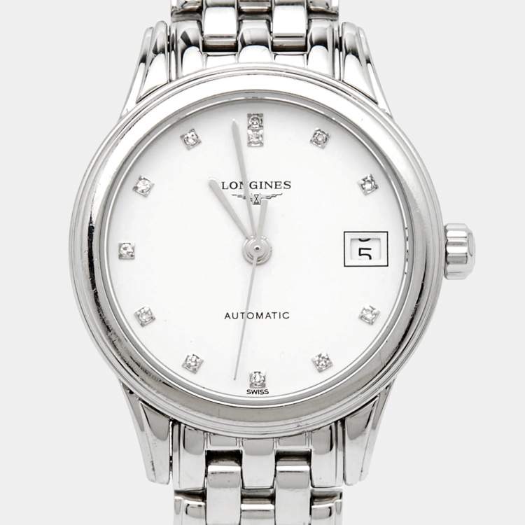 Pre Owned Longines White Stainless Steel Diamond Flagship L4.274.4.27.6 Women's Wristwatch 26 mm