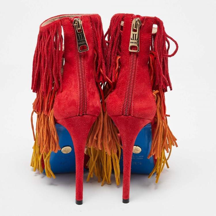 Pre Owned Loriblu Tri Color Suede Fringe Detailed Ankle Strap Sandals  Size 36.5