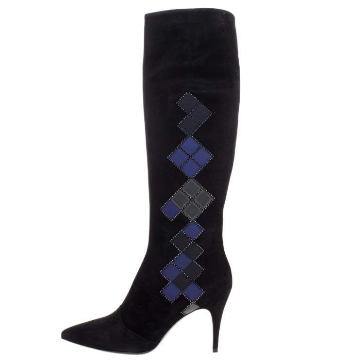 مملوكة مسبقًا Loriblu Black Abstract Embellished Suede Knee High Boots Size 41
