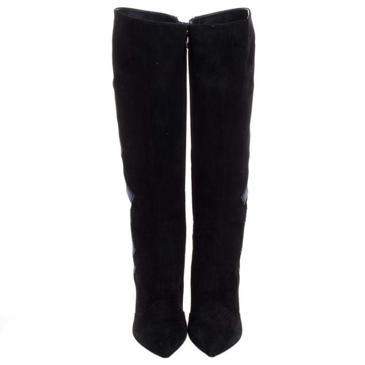 مملوكة مسبقًا Loriblu Black Abstract Embellished Suede Knee High Boots Size 41
