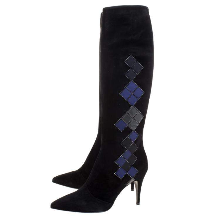 مملوكة مسبقًا Loriblu Black Abstract Embellished Suede Knee High Boots Size 41