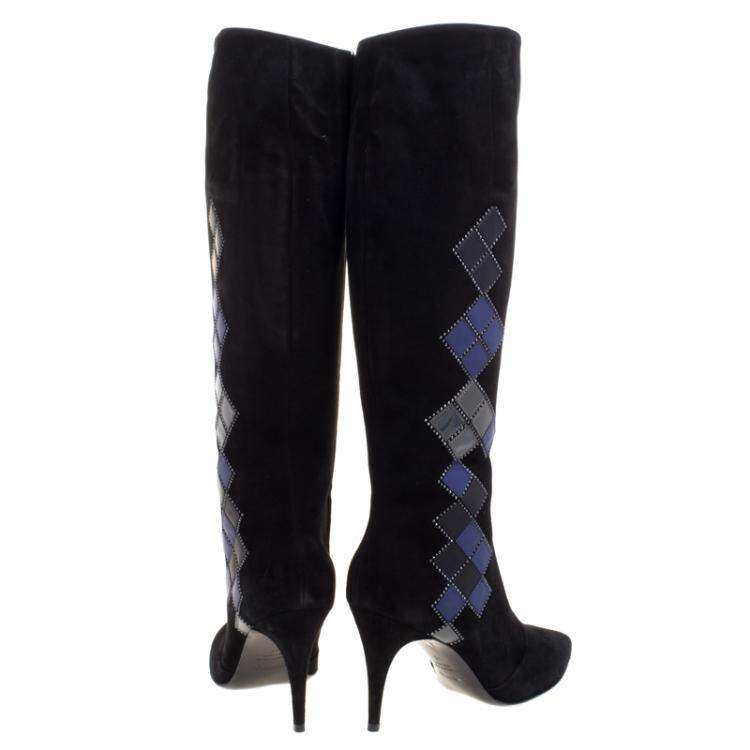 مملوكة مسبقًا Loriblu Black Abstract Embellished Suede Knee High Boots Size 41