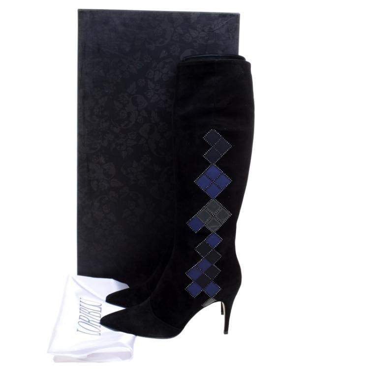 مملوكة مسبقًا Loriblu Black Abstract Embellished Suede Knee High Boots Size 41