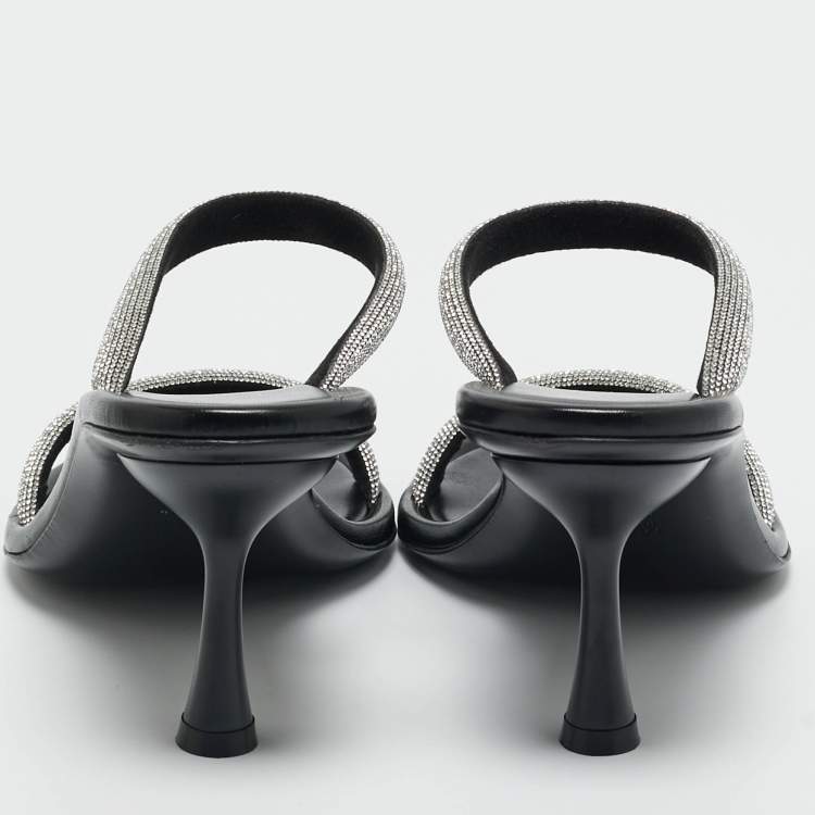 Pre Owned Loriblu Silver/Black Crystals and Leather Dual Stiletto Heel Slide Sandals Size 38