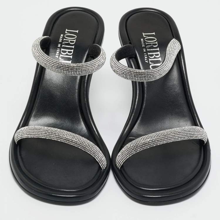 Pre Owned Loriblu Silver/Black Crystals and Leather Dual Stiletto Heel Slide Sandals Size 38