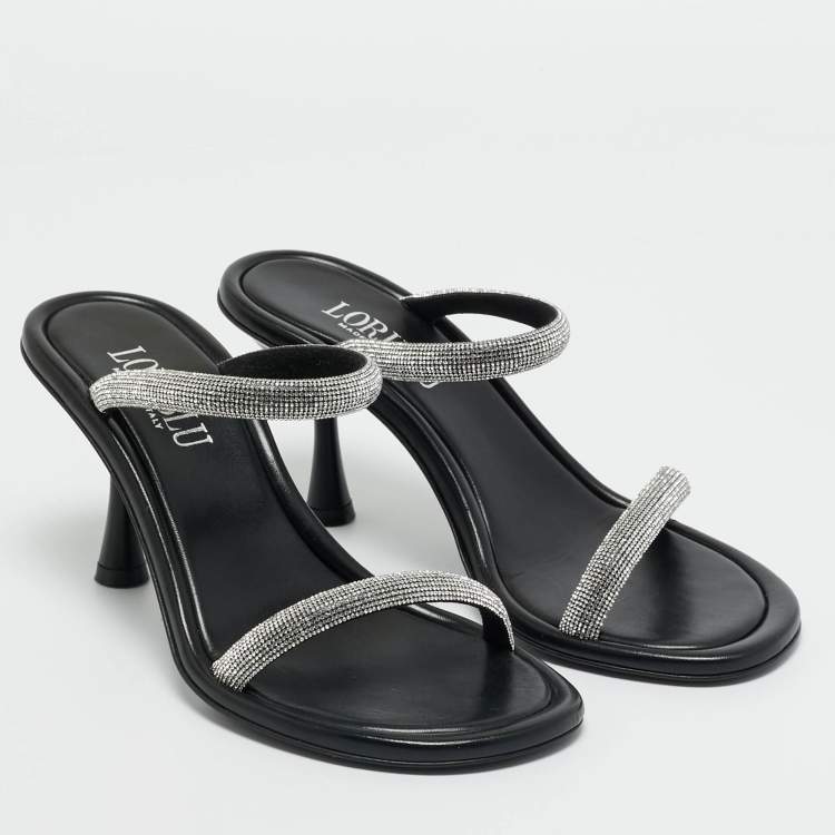 Pre Owned Loriblu Silver/Black Crystals and Leather Dual Stiletto Heel Slide Sandals Size 38