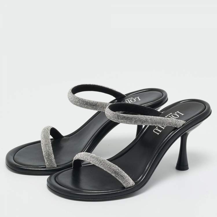 Pre Owned Loriblu Silver/Black Crystals and Leather Dual Stiletto Heel Slide Sandals Size 38