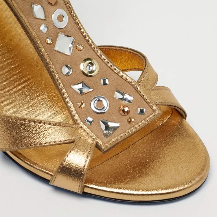 Pre Owned Loriblu Gold Leather Crystal Embellished Ankle Strap Sandals Size 38.5