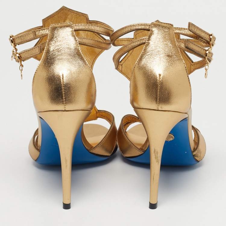 Pre Owned Loriblu Gold Leather Crystal Embellished Ankle Strap Sandals Size 38.5