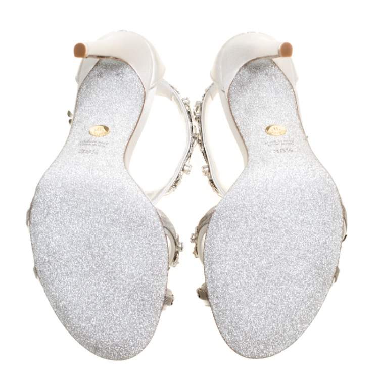 مملوكة مسبقًا Loriblu Bijoux Grey Satin Floral Embellished Crystal Studded Sandals Size 38.5