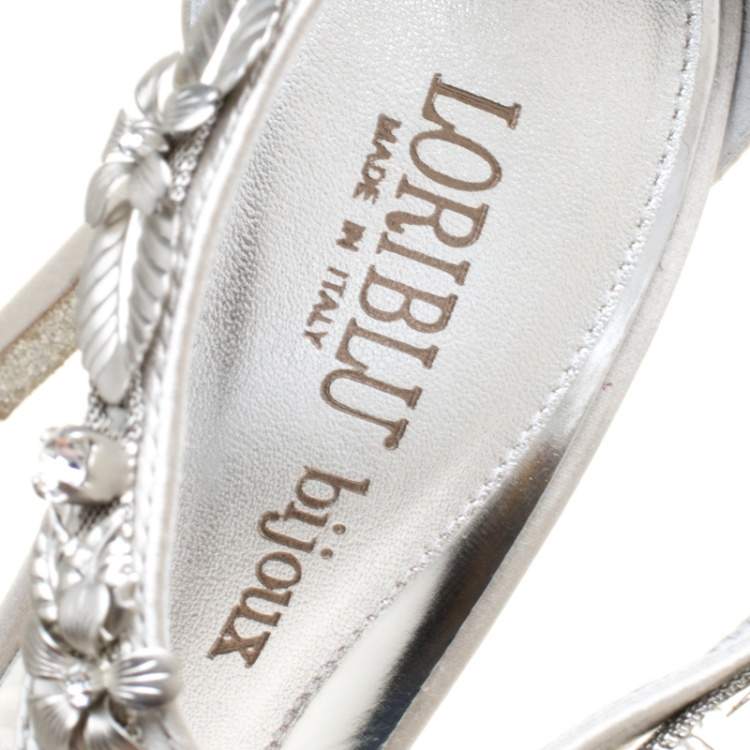 مملوكة مسبقًا Loriblu Bijoux Grey Satin Floral Embellished Crystal Studded Sandals Size 38.5