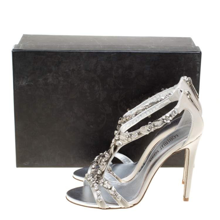 مملوكة مسبقًا Loriblu Bijoux Grey Satin Floral Embellished Crystal Studded Sandals Size 38.5