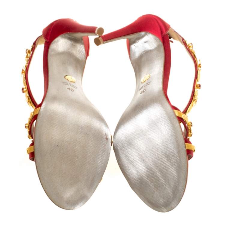 Pre Owned Loriblu Bijoux Red Satin Floral Embellished Crystal Studded Sandals Size 40