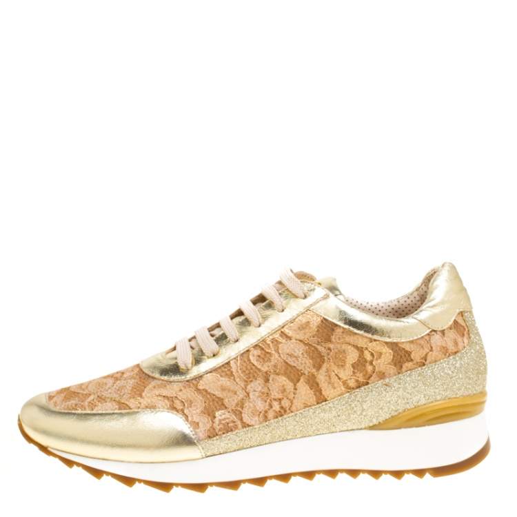 Pre Owned Loriblu Metalllic Gold Leather and Lace Sneakers Size 41