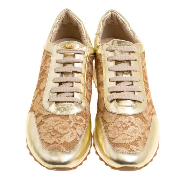 Pre Owned Loriblu Metalllic Gold Leather and Lace Sneakers Size 41
