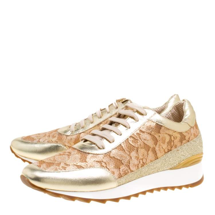 Pre Owned Loriblu Metalllic Gold Leather and Lace Sneakers Size 41