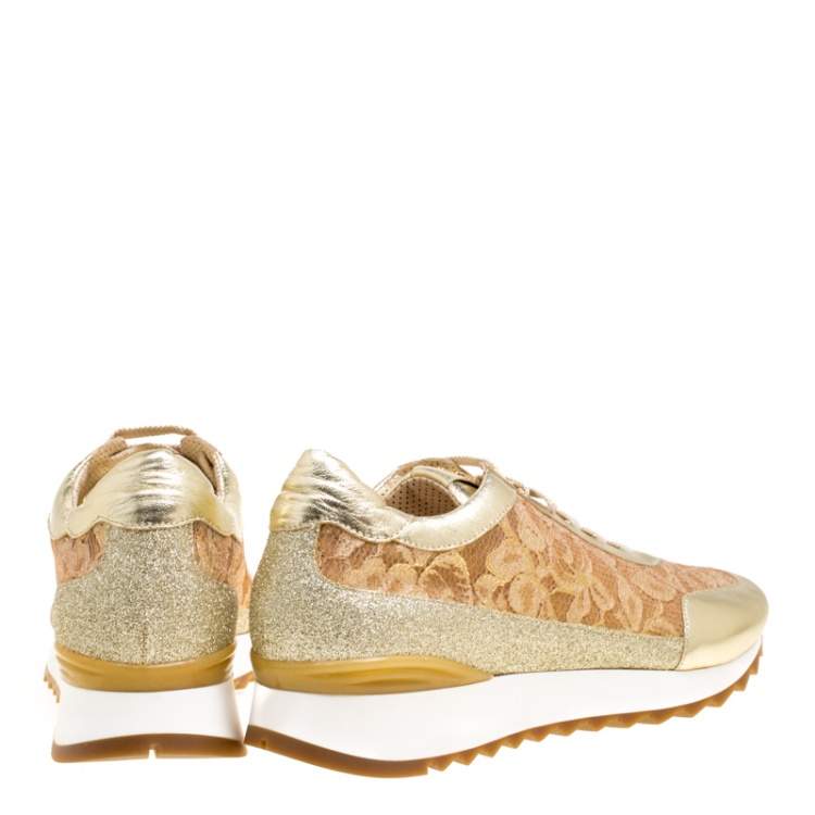 Pre Owned Loriblu Metalllic Gold Leather and Lace Sneakers Size 41