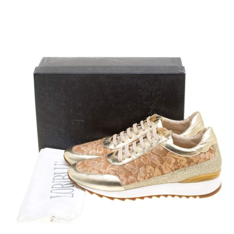 Pre Owned Loriblu Metalllic Gold Leather and Lace Sneakers Size 41