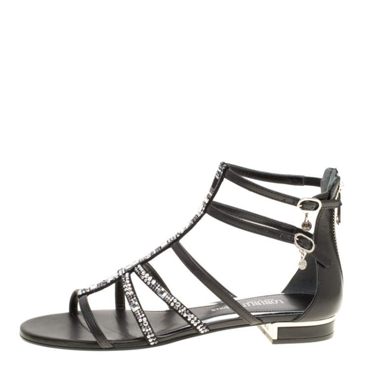 Pre Owned Loriblu Black Leather Crystal Embellished Gladiator Flat Sandals Size 38
