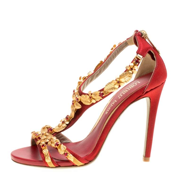 Pre Owned Loriblu Bijoux Red Satin Floral Embellished Crystal Studded Sandals Size 36