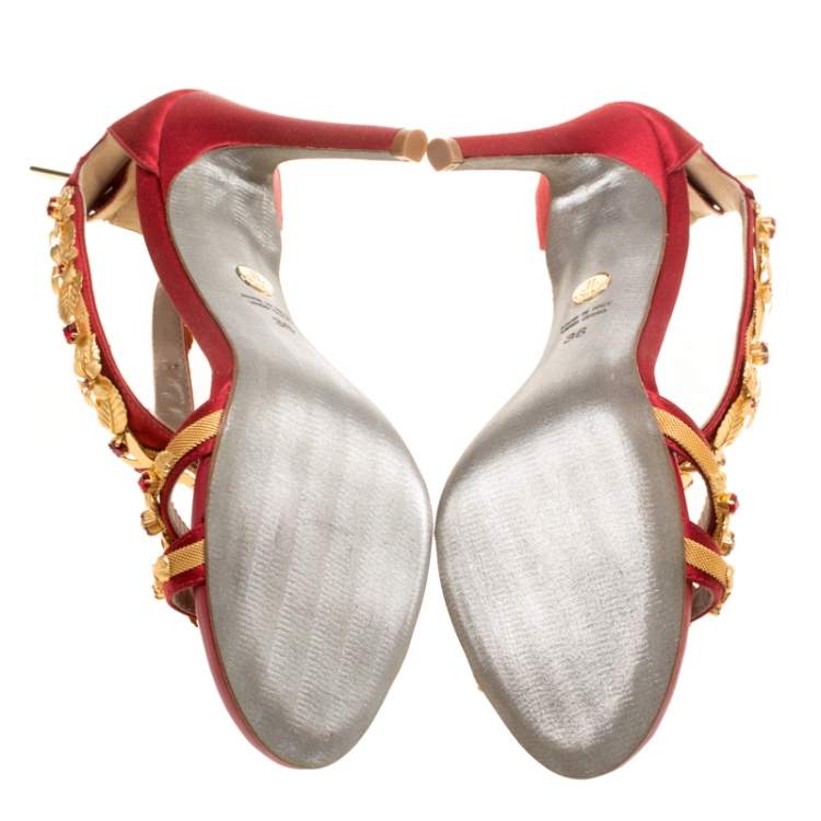 Pre Owned Loriblu Bijoux Red Satin Floral Embellished Crystal Studded Sandals Size 36