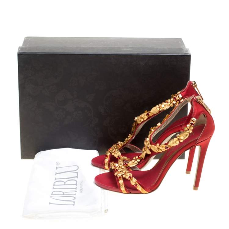 Pre Owned Loriblu Bijoux Red Satin Floral Embellished Crystal Studded Sandals Size 36