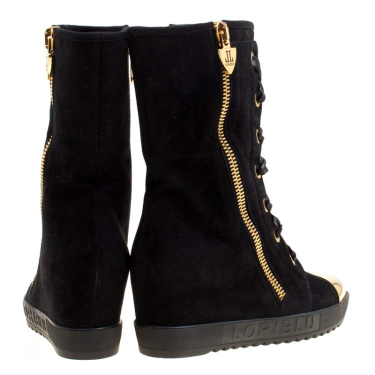 Pre Owned Loriblu Black Suede Metal Cap Toe Wedge Heel Calf Boots Size 36