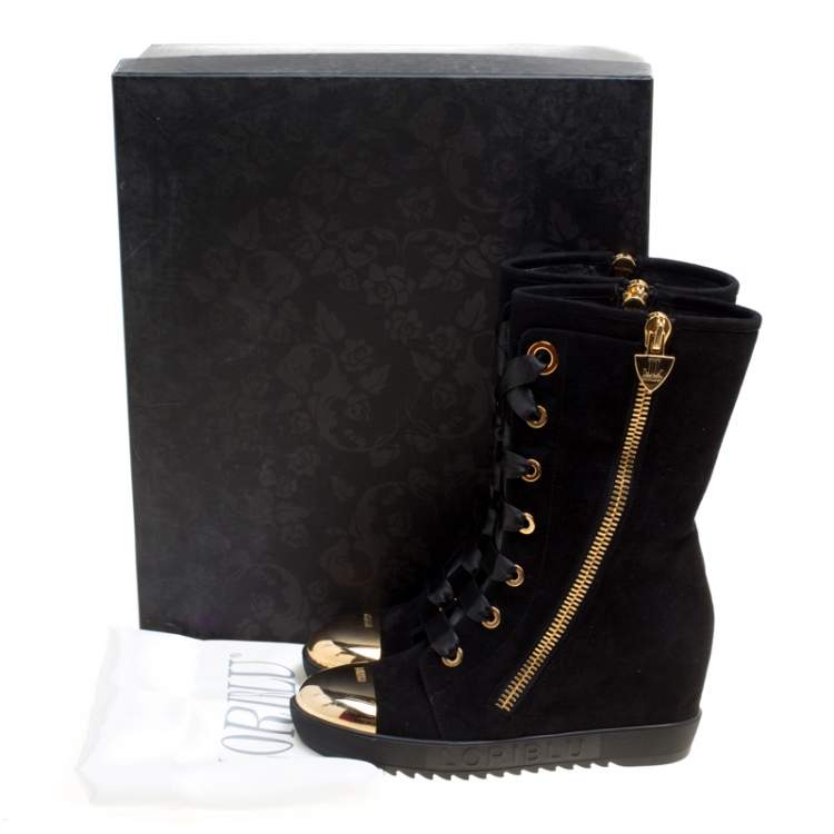 Pre Owned Loriblu Black Suede Metal Cap Toe Wedge Heel Calf Boots Size 36