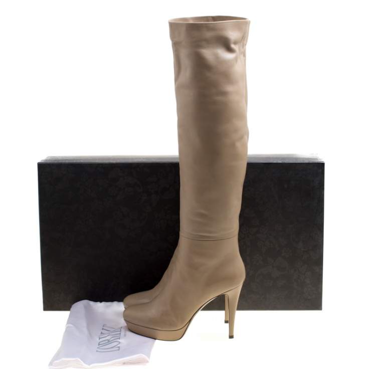 Pre Owned Loriblu Beige Leather Faux Fur Lined Platform Knee Length Boots Size 40