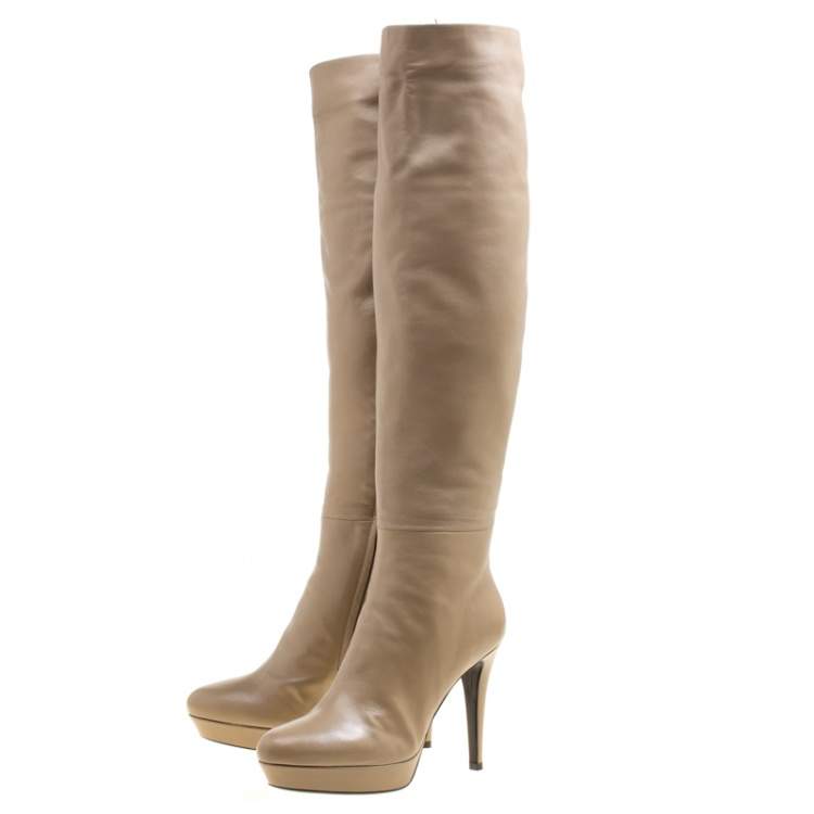 Pre Owned Loriblu Beige Leather Faux Fur Lined Platform Knee Length Boots Size 40
