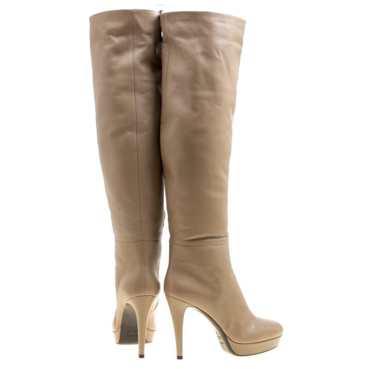 Pre Owned Loriblu Beige Leather Faux Fur Lined Platform Knee Length Boots Size 40