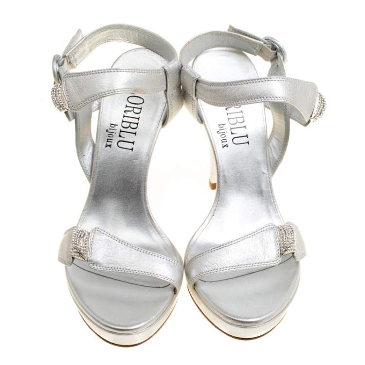Pre Owned Loriblu Bijoux Metallic Silver Leather Crystal Embellished Platform Sandals Size 37
