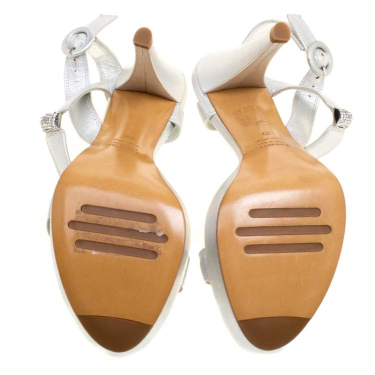 Pre Owned Loriblu Bijoux Metallic Silver Leather Crystal Embellished Platform Sandals Size 37