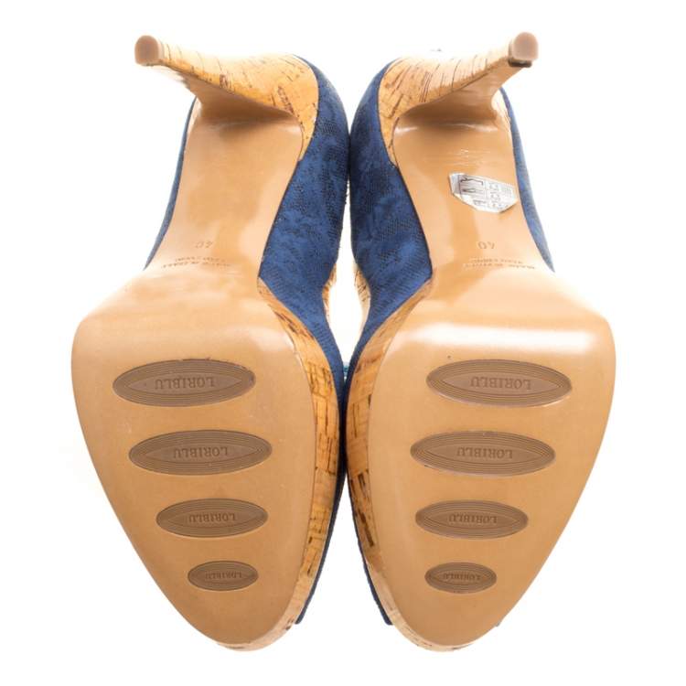 مملوكة مسبقًا Loriblu Blue/Beige Suede and Cork Print Patent Leather Peep Toe Platform Pumps Size 40