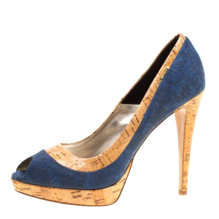 مملوكة مسبقًا Loriblu Blue/Beige Suede and Cork Print Patent Leather Peep Toe Platform Pumps Size 40