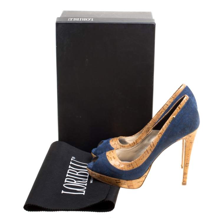 مملوكة مسبقًا Loriblu Blue/Beige Suede and Cork Print Patent Leather Peep Toe Platform Pumps Size 40