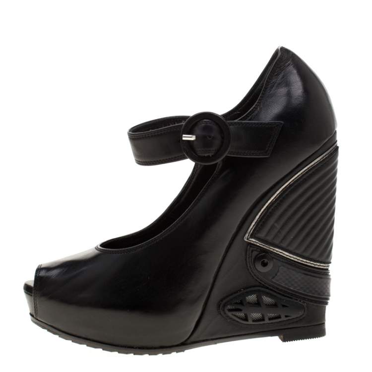 Pre Owned Loriblu Black Leather Wedge Peep Toe Mary Jane Pumps Size 36