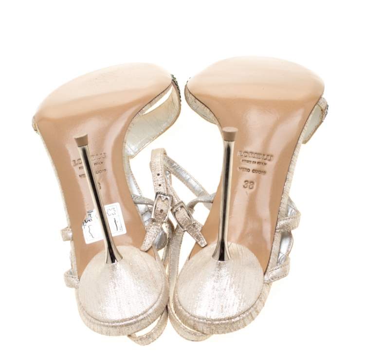 Pre Owned Loriblu Metallic Beige Suede Crystal Embellished Slingback Sandals Size 38