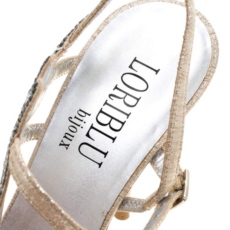 Pre Owned Loriblu Metallic Beige Suede Crystal Embellished Slingback Sandals Size 38