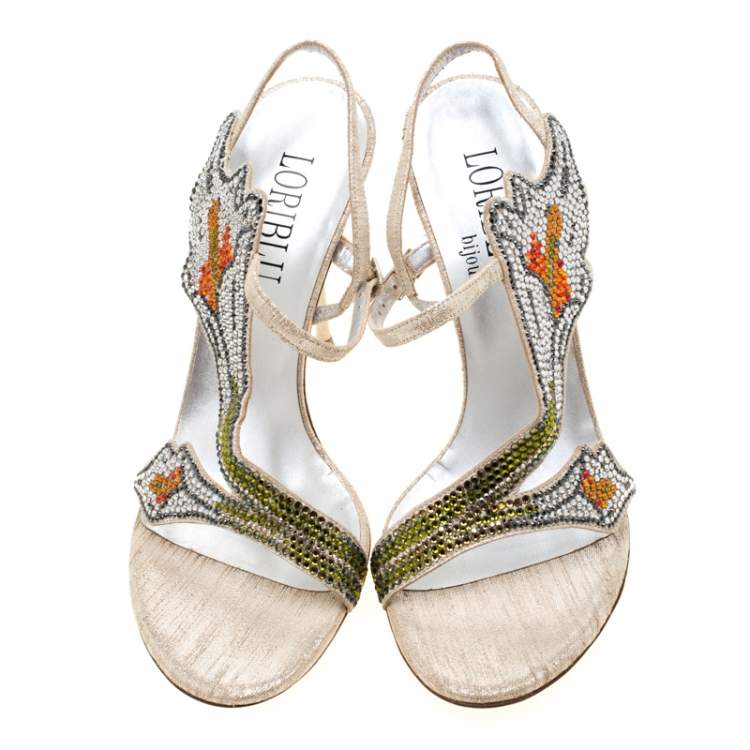 Pre Owned Loriblu Metallic Beige Suede Crystal Embellished Slingback Sandals Size 38
