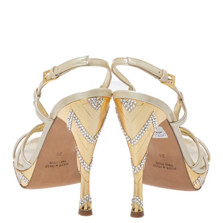 Pre Owned Loriblu Cream Patent Leather Crystal Embellished Ankle Strap Sandals Size 38