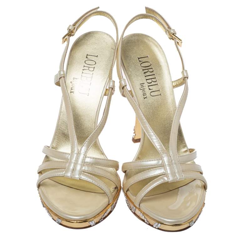 Pre Owned Loriblu Cream Patent Leather Crystal Embellished Ankle Strap Sandals Size 38