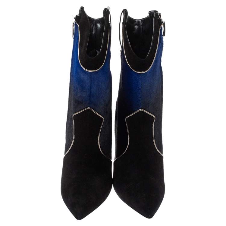 Pre Owned Loriblu Black/Blue Ombre Pony Hair High Heel Boots Size 40