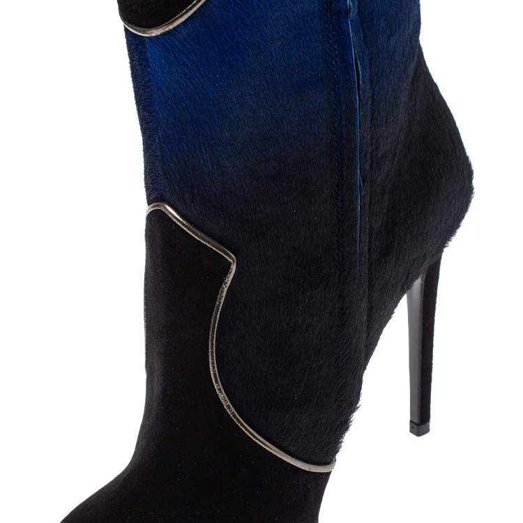 Pre Owned Loriblu Black/Blue Ombre Pony Hair High Heel Boots Size 40