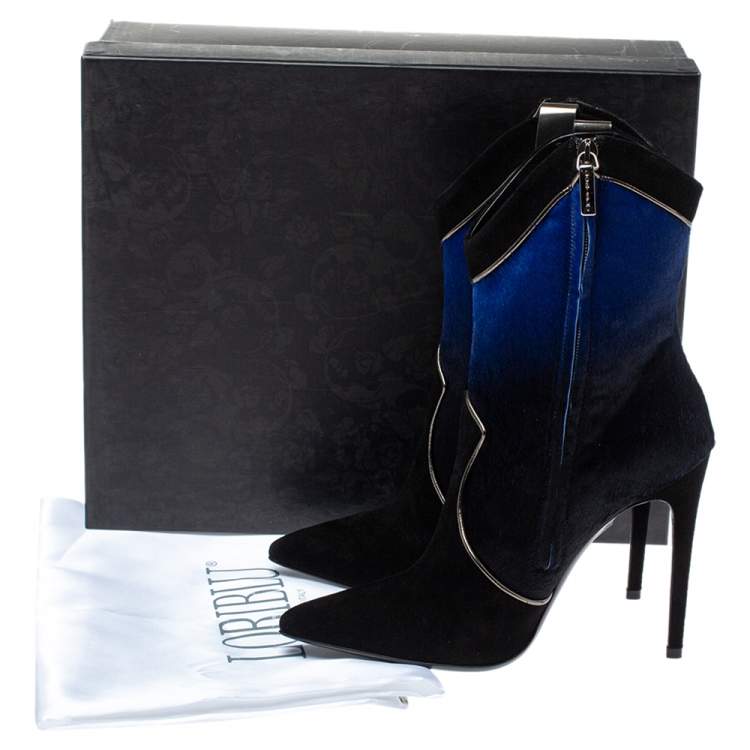 Pre Owned Loriblu Black/Blue Ombre Pony Hair High Heel Boots Size 40