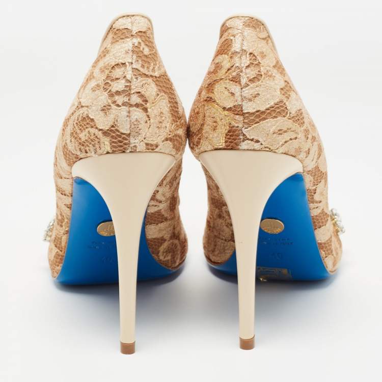 Pre Owned Loriblu Beige Lace Crystals Embellished Pumps Size 40